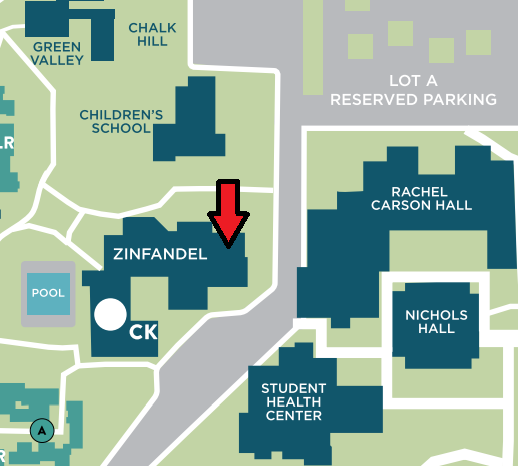Map of Zinfandel Village showing the location of the mailroom (across from the Student Health Center).