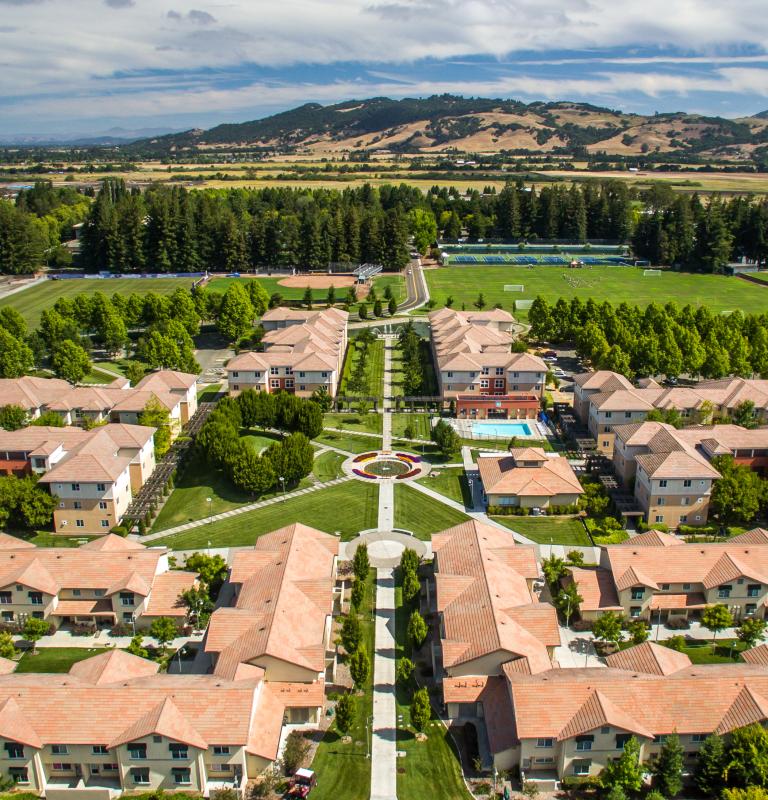 Aerial of buildings and sonoma hills