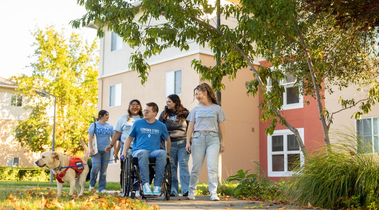 Students walking outside Beujolais Village
