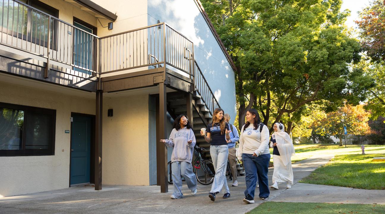 Students walking outside Verdot Village