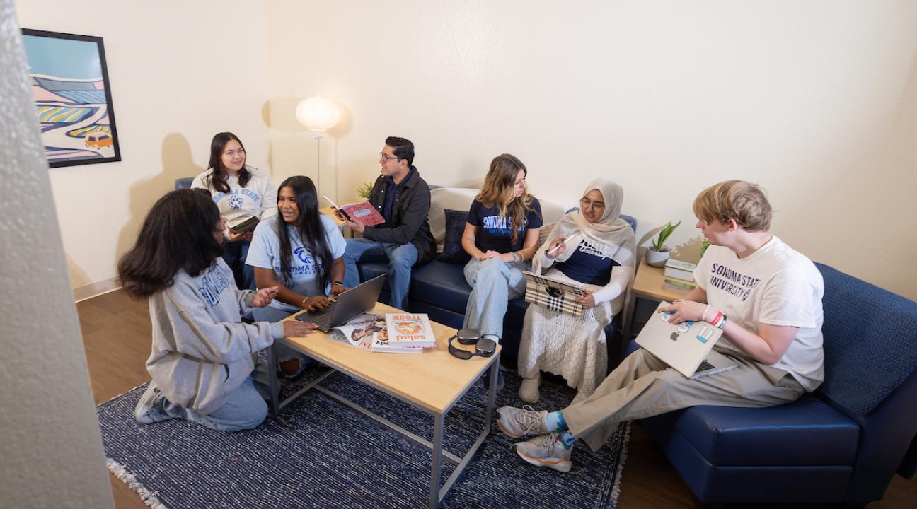 Students sitting in a living room socializing
