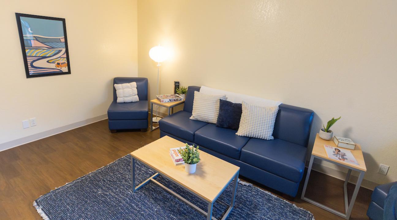 Living room with a counch and chair and coffee table and ends tables