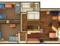 floor plan showing two bedrooms, a bathroom, living/dining area and kitchen