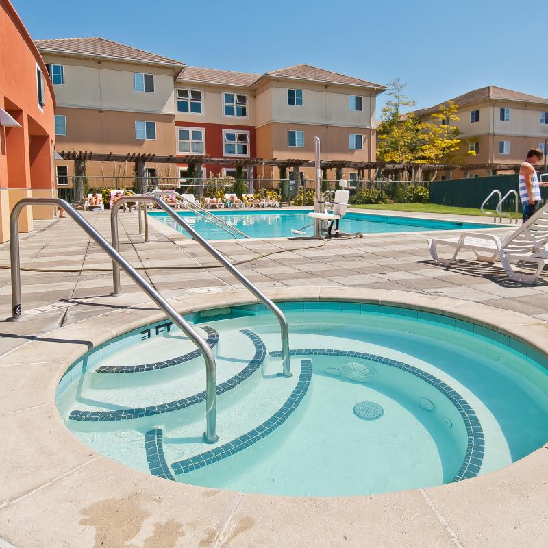 hot tub with bright blue clean water