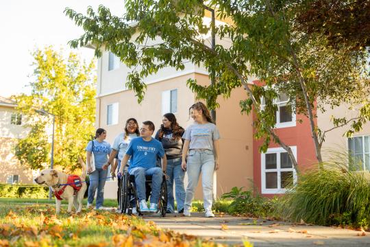Students walking outside Beujolais Village
