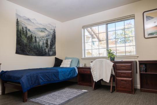 Dorm bedroom with bed, desk and chair