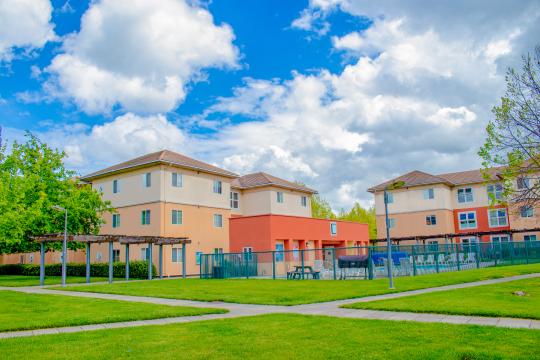 Beaujolais Village buildings in background and lawn area